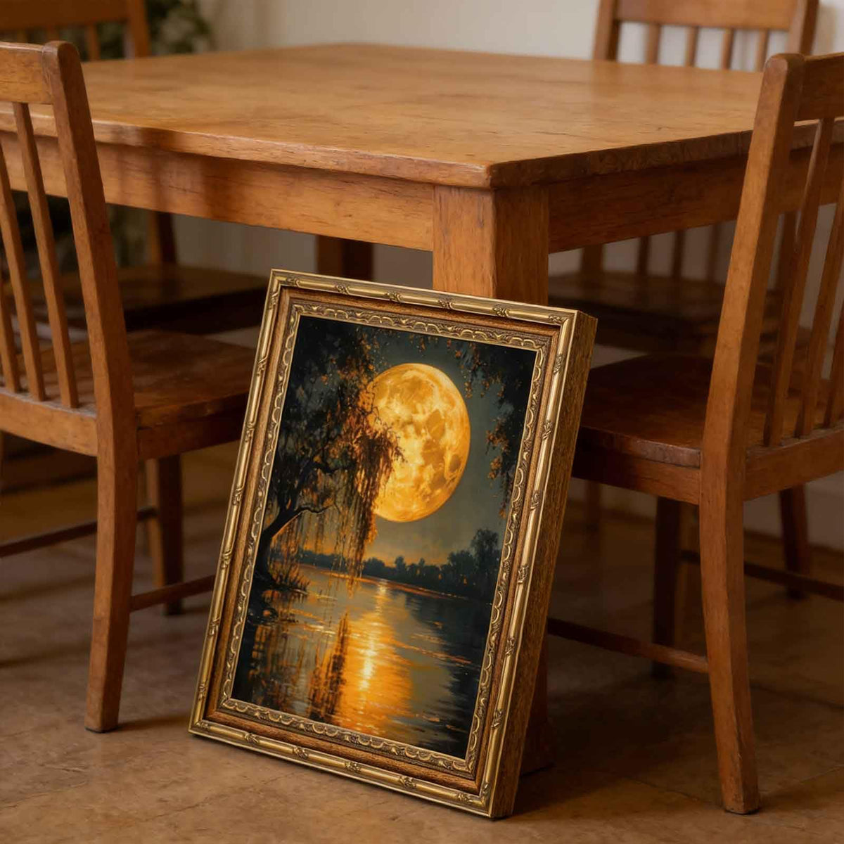Full Moon Lake Canvas Wall Art Framed Moon Forest Tree Decor Picture Vintage Moody Dark Gold Living Poster Prints for Study Office Corridor Room Resort Home Decoration (moon / 24"L x 16"W)