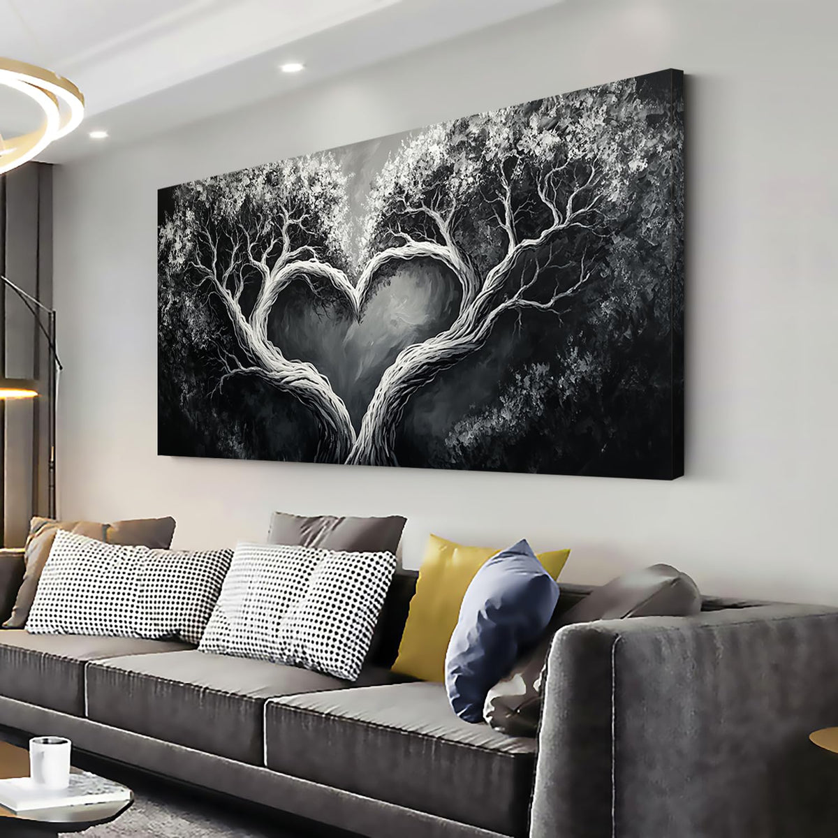 White Oil Painting Heart Tree Wall Art for Living Room Office Romantic Art Love Symbol Painting Prints Vintage Canvas Artwork Dining Bedroom Decor Large (Contemporary / Black White Heart Tree Wall Art / 46"L x 23"W)
