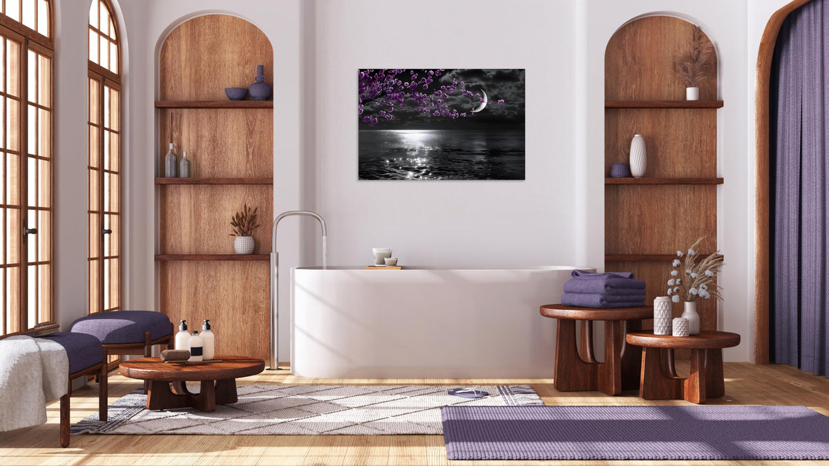 1 Panel Purple Picture for Bedroom Purple Bedroom Pictures Wall Decor Black and White Seascape Full Moon Purple Flower Print on Canvas for Home Decor Stretched and Framed 12x18 inch (18"L x 12"W / Purple Flower 9)