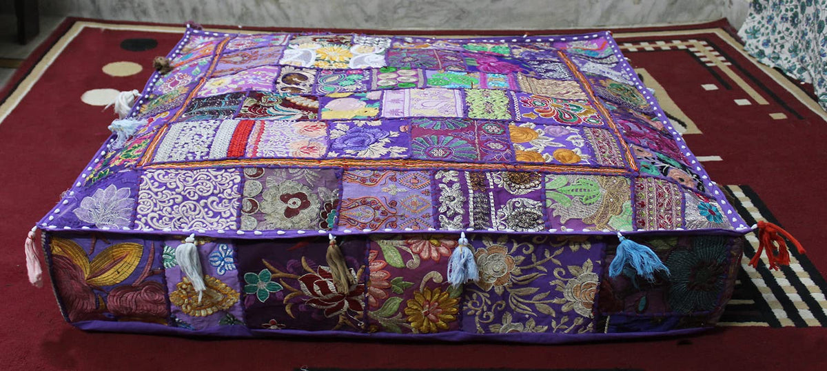 Handmade Square Purple Patchwork Pouf Cover 35 Inch Ottoman Cover Embroidered Cotton Floor Cushion Cover Bohemian Indian Decorative Floor Pillow Meditation Cushion for Living Room Bedroom (35"D x 35"W x 5"H / Purple)