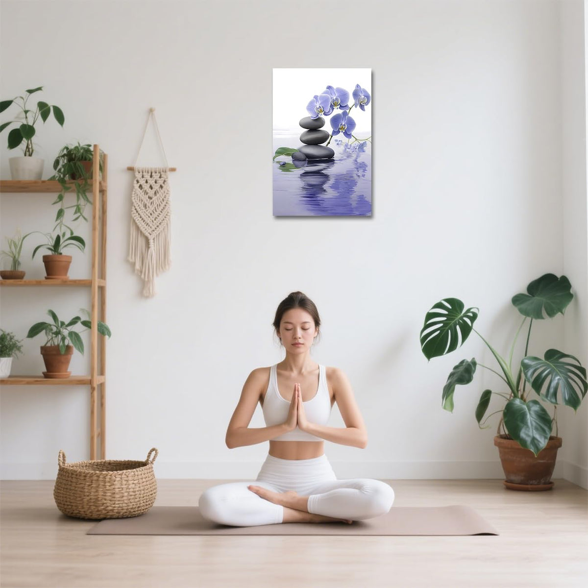 Zen Bathroom Wall Art Orchid Flower with Zen Stones Pictures Spa Painting Still Life Canvas Prints for Meditation Spiritual Room Decor Framed (Purple / 42L" x 28W")