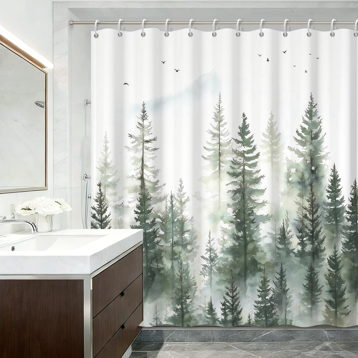 Serene Forest Landscape Shower Curtain with Hooks (Fog Forest)