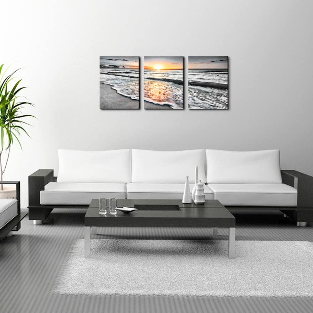 Bathroom Wall Decorations 3 Piece Black and White Picture Framed Wall Art Bedroom Beach Canvas Prints Photos Ocean Painting Sunset Poster Sea Artwork for Office Dining Room Decor 12x16x3pcs (2beach-3p / 12"x16"inchesx3Pcs)