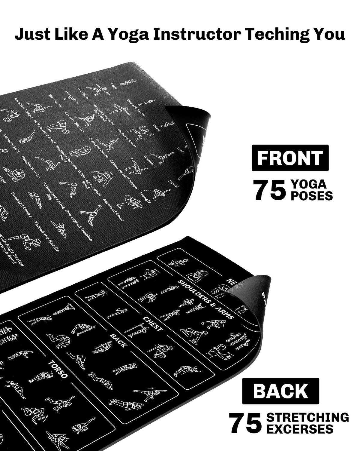 Instructional Yoga Mat with Poses and Stretches Printed 0.25" Mat (Black)