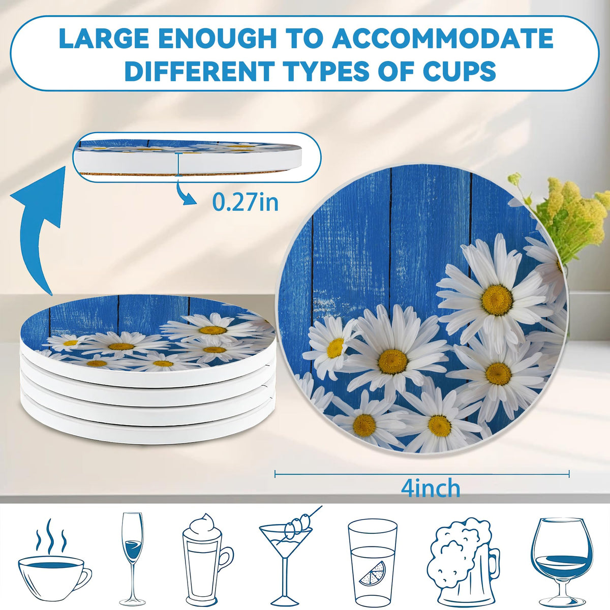 Blue Daisy Wood Round 4" Cup Coasters Set of 4 (Blue Daisy)