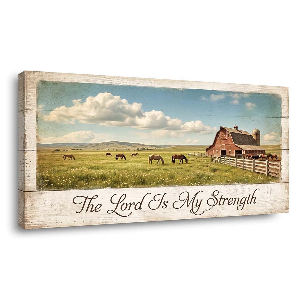 Rustic Countryside Horse Pasture Canvas Wall Art Red Barn Landscape Painting The Lord Is My Strength Christian Print Gallery Wrapped Farmhouse Nature Artwork for Living Room Bedroom Bathroom Decor (Abstract / White Barn Pasture 21 / 58"L x 28"W)