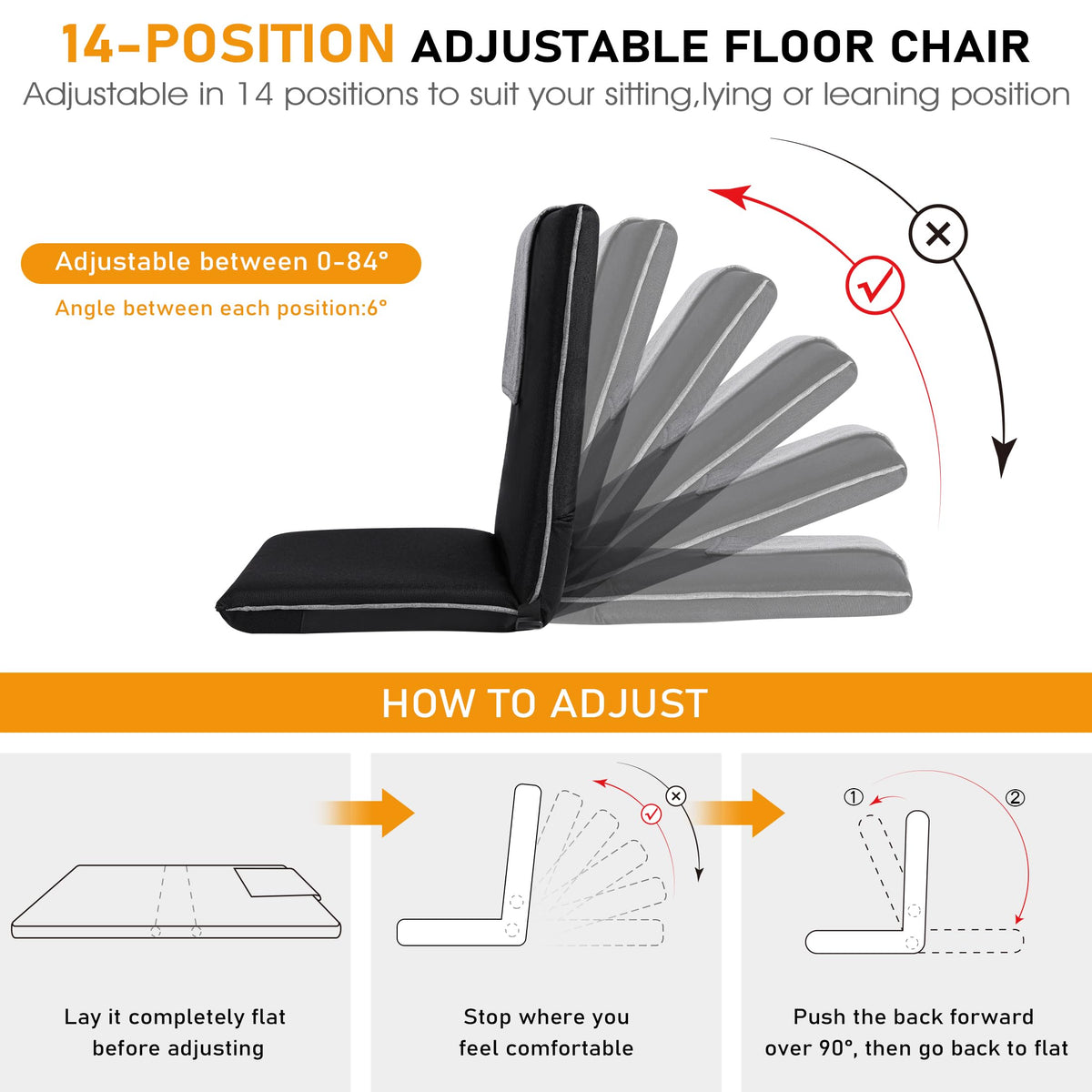 Floor Chair with Back Support Foldable Meditation Seat (Black & Grey)