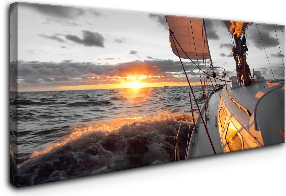 Large Pictures Living Room Coastal Wall Art Black and White Beach Painting Boat Sunset Wall Art Bedroom Ocean Poster Decor sailboat Canvas Prints Sailing Office Artwork Framed Home Decor (AboaS / 60"L x 30"W)