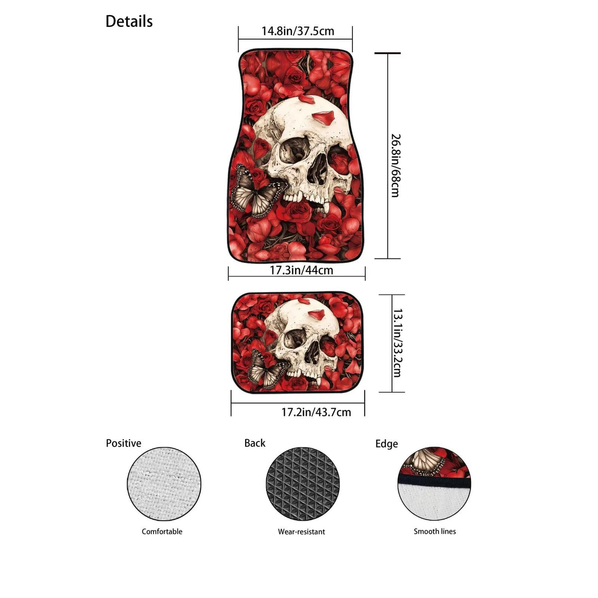 Rose Skull Car Floor Mat Full Set 4 Piece Non Slip Car Carpet Mats Red Auto Floor Mats Front Only Cars Foot Mat Skull Automotive Interior Accessories Universal Most Cars (Rose Skull Red)