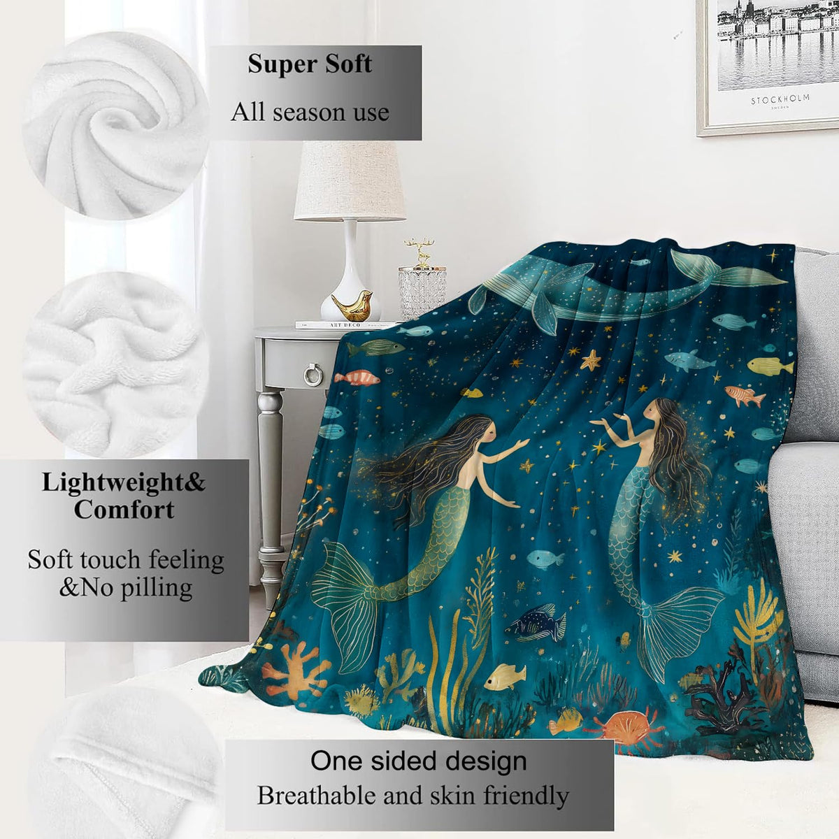 Mermaid and Whale Blanket Magical Underwater Marine Life Throw Blankets (60x80in / Mermaid)