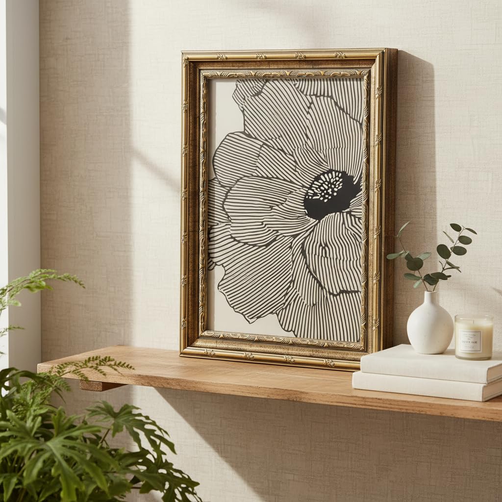 Vintage Gold Framed Wall Art (Linear Floral / 24"L x 16"W)
