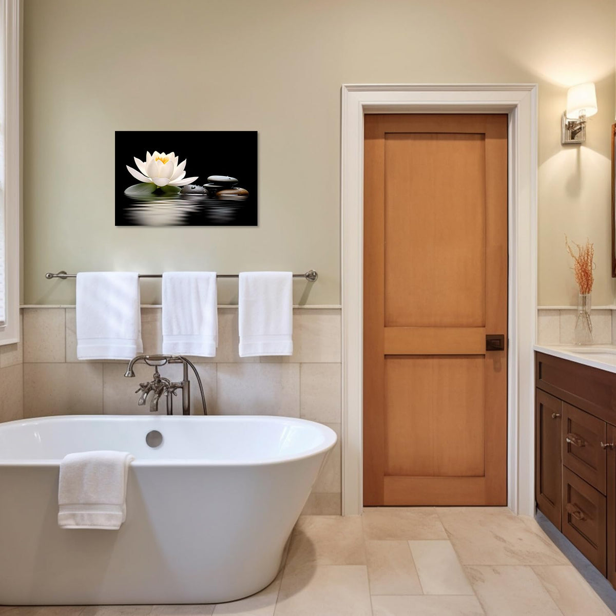 Zen Wall Art Lotus Flowers Stones on Water Pictures Canvas Prints Bathroom Decor Spa Artwork for Yoga Meditation Room Spiritual Gifts (Zen-3 / 16"L x 24"W)