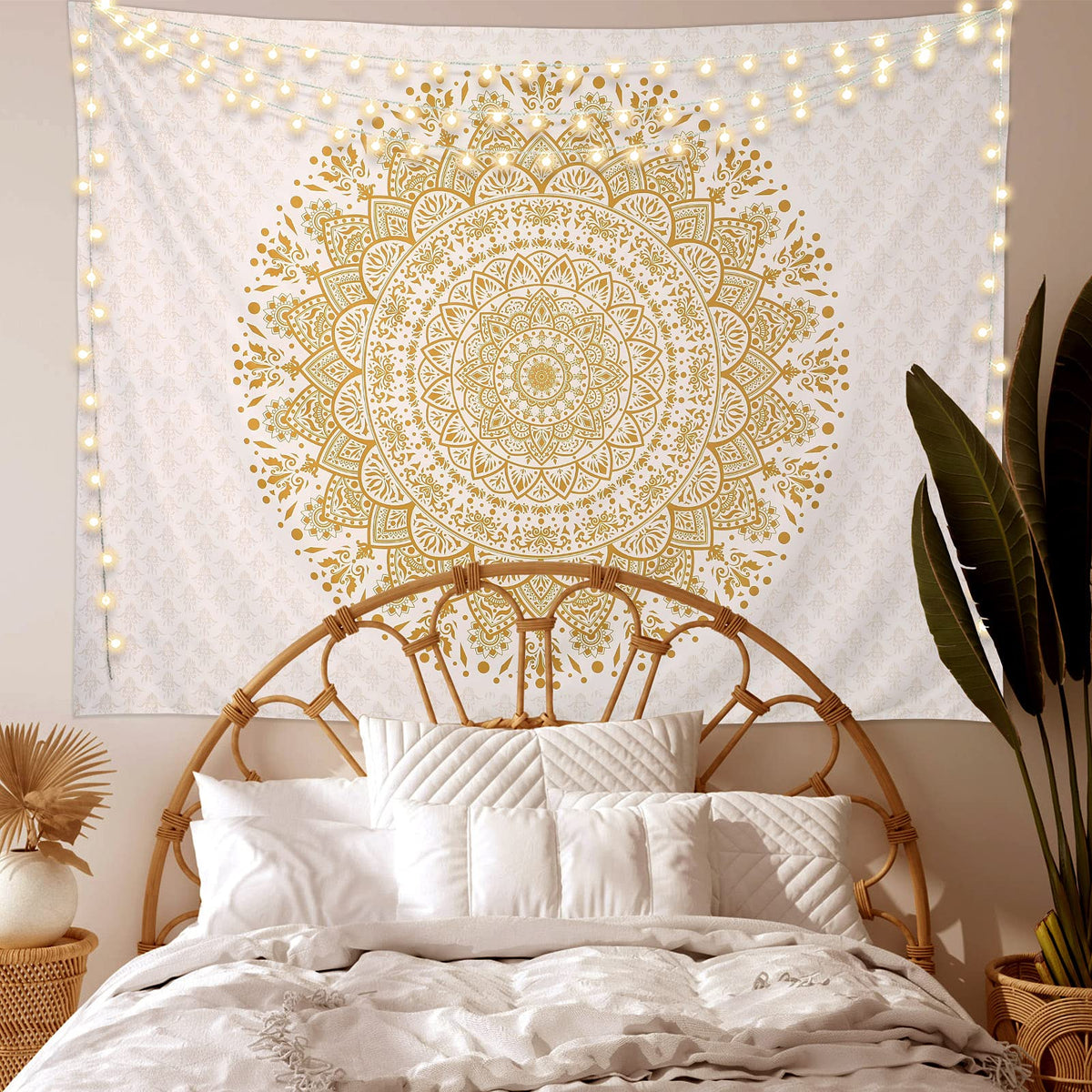 White and Gold Mandala Tapestry Wall Art for Living Room (91"L x 71"W / Mandala Tapestry-3)