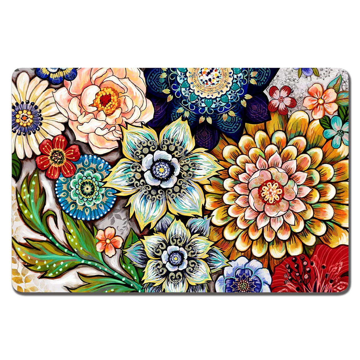 Dog Food Mat 12" x 19" Flower Absorbent Dog Cat Bowl Mat for Food and Water (Colorful Mandala / 19"L x 12"W)