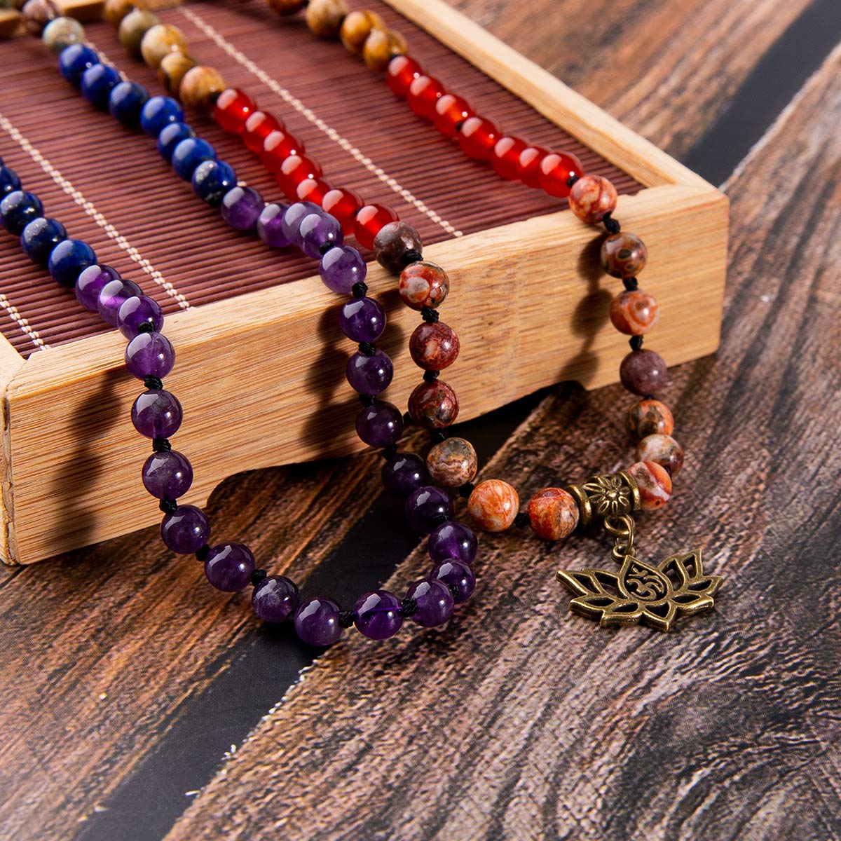 7 Chakra 108 Mala Beads Bracelet Real Gemstone Yoga Meditation Hand Knotted Mala Prayer Bead Necklace (6mm / # Lotus OM - 7 Chakras)