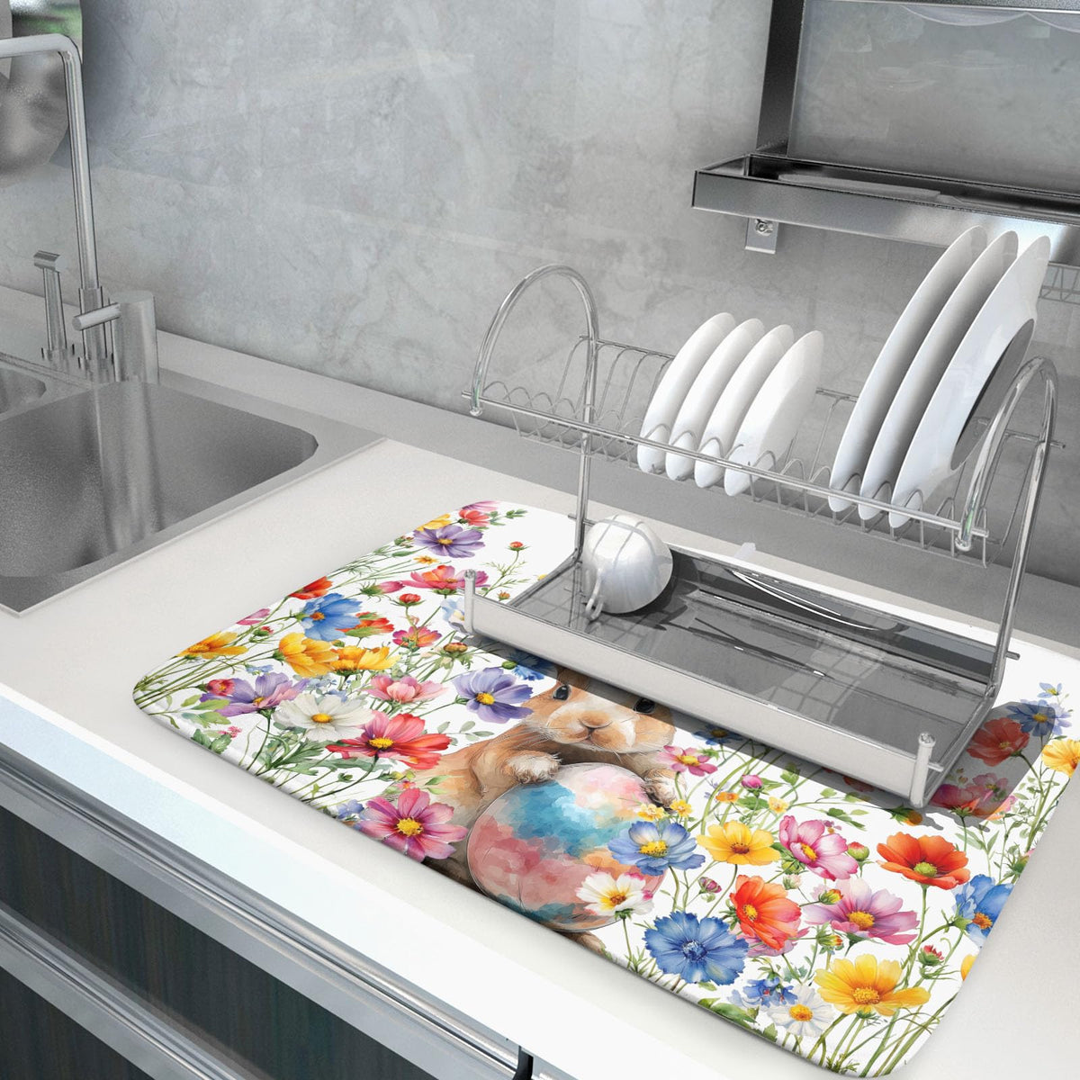 Spring Easter Rabbit Egg Dish Drying Mat for Kitchen Counter (Flowers / 18" x 24")