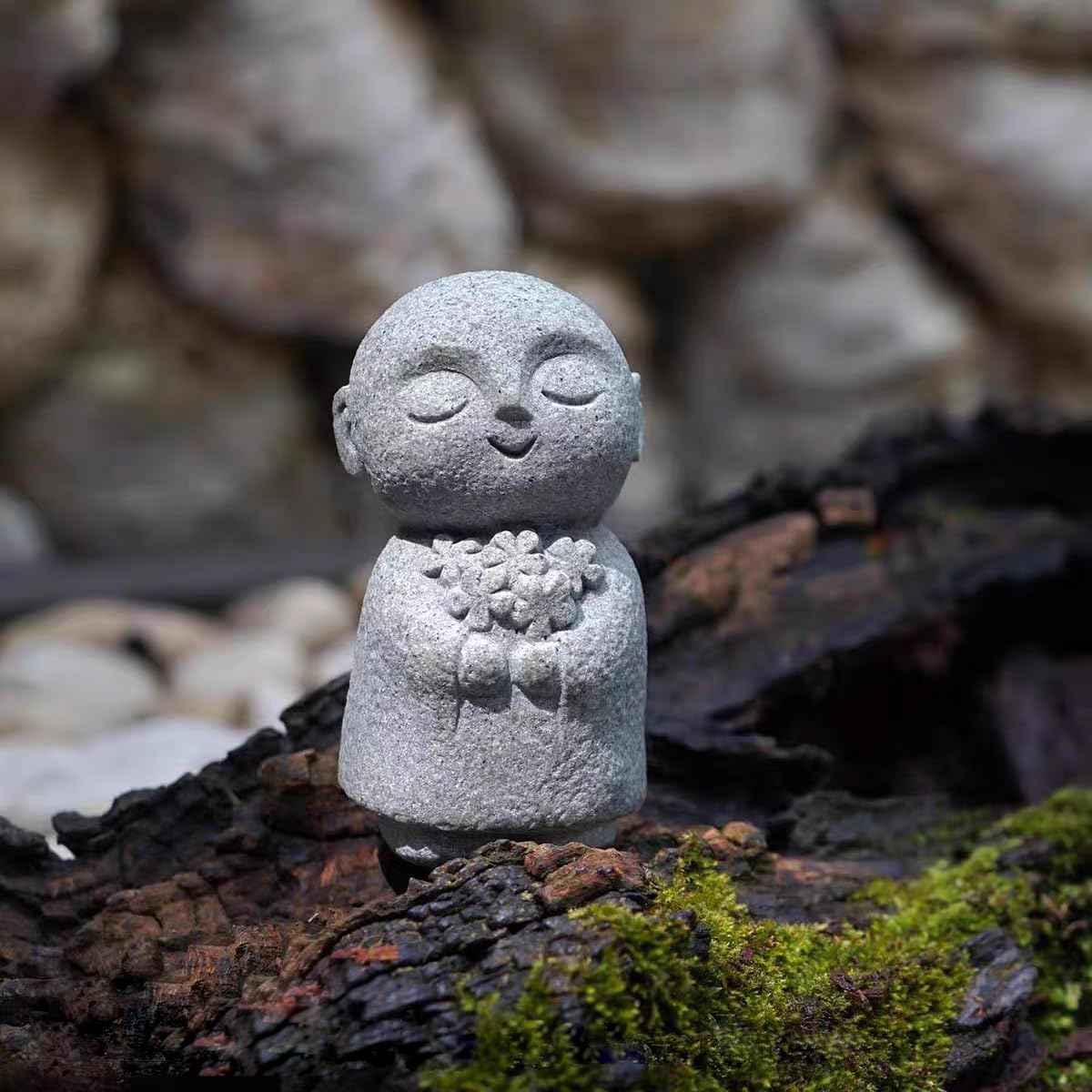 3pcs Japanese Monk Statue Praying Zen Sandstone Buddha Statues Asian Garden Sculptures for Good Luck Feng Shui Home Decor (A)