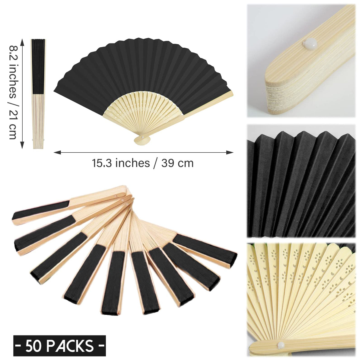 50 Pieces Paper Fans Paper Hand Fan Bamboo Folding Fan Handheld Fan Paper Folded Fan Paper Fan for Wedding Party and Home Decoration (Black)