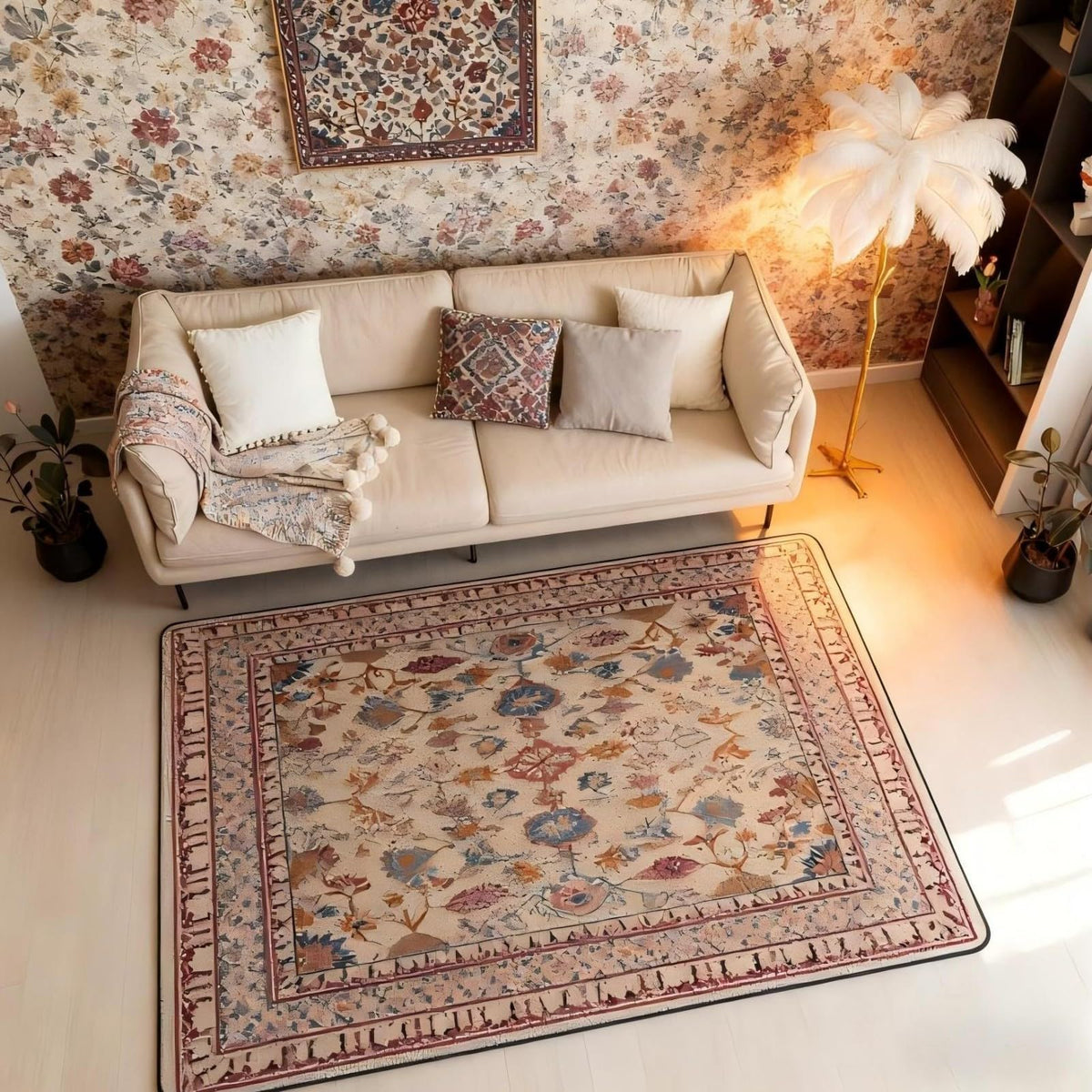 Boho Area Rug 5x7 Vintage Floral Art Deco (Pink Beige / 4'11" x 6'6" (Rectangular))