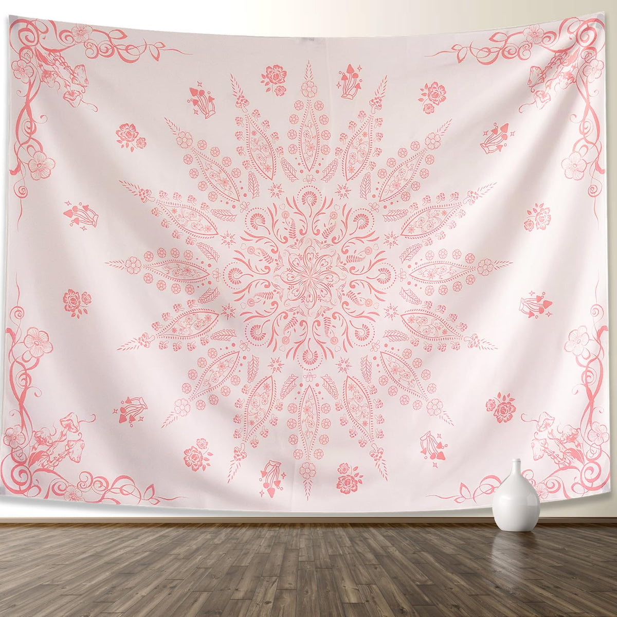 Pink Floral Boho Mandala Tapestry Wall Hanging for Bedroom 60" x 44" (Pink / 60"L x 44"W)