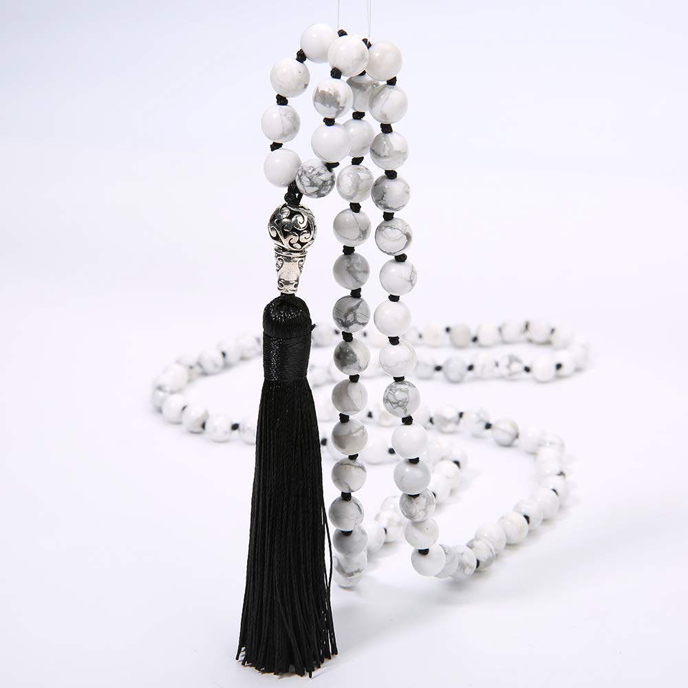 108 Mala Beads Semi (Natural White Howlite（Black Tassel）)