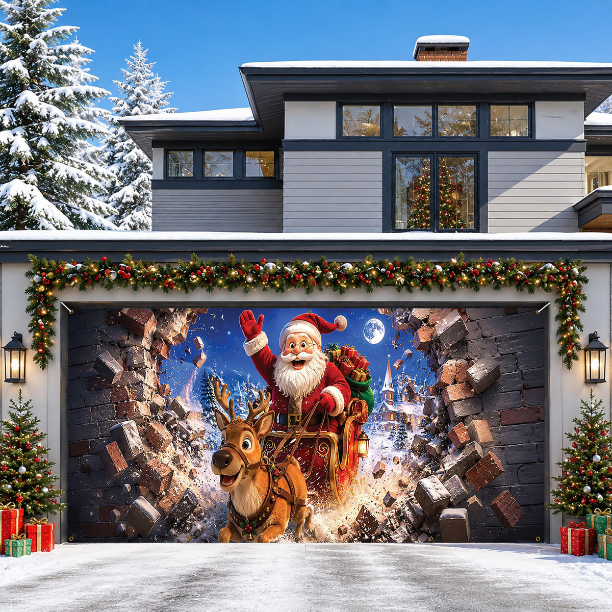 Christmas Garage Door Cover Banner Santa Reindeer Sleigh Backdrop (Santa Claus-1)