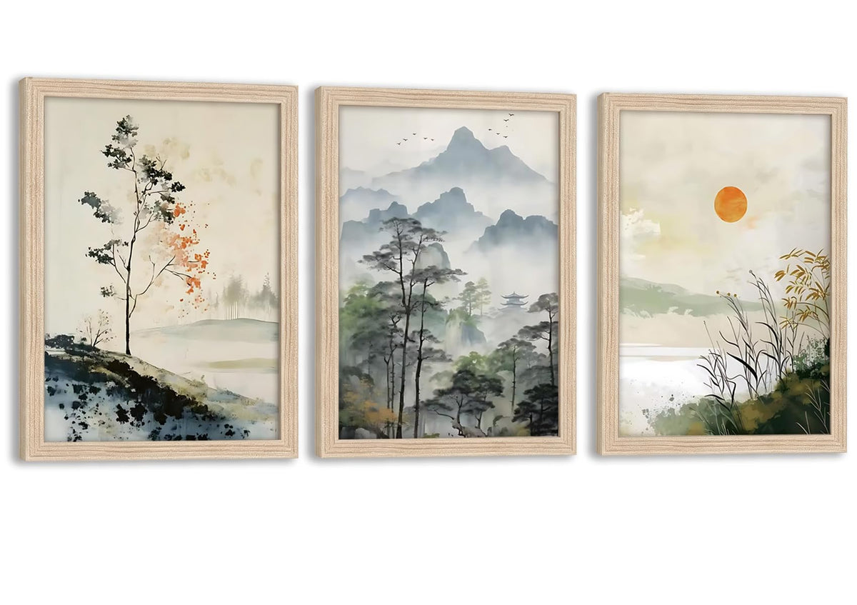 Framed 3Pcs Japanese Landscape Canvas Wall Art (white japanese style / 24"L x 16"W)