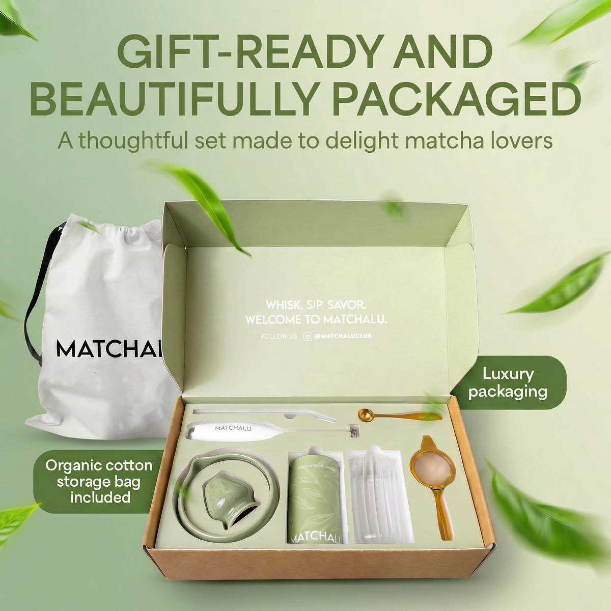 Matcha Whisk Set With Ceramic Matcha Bowl (Mottled Green)