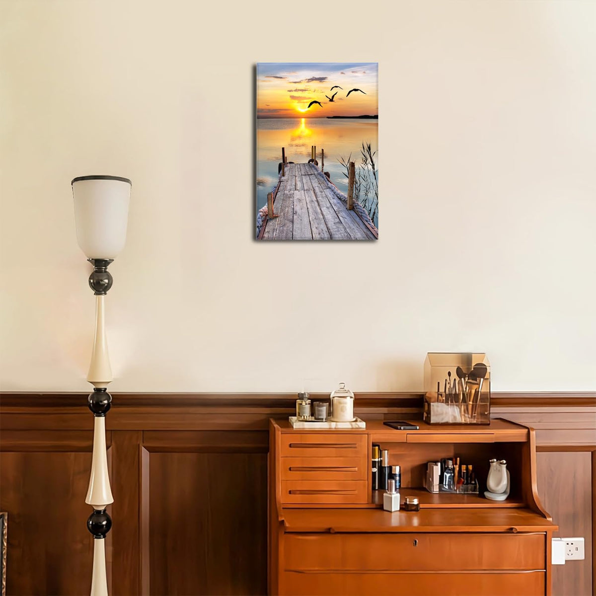 Sunset Wall Art Lakeside Pier Trail Canvas prints Sunset Nature Landscape Painting for Home Living Room Bedroom Office (Sunset Pier / 12X16inch)