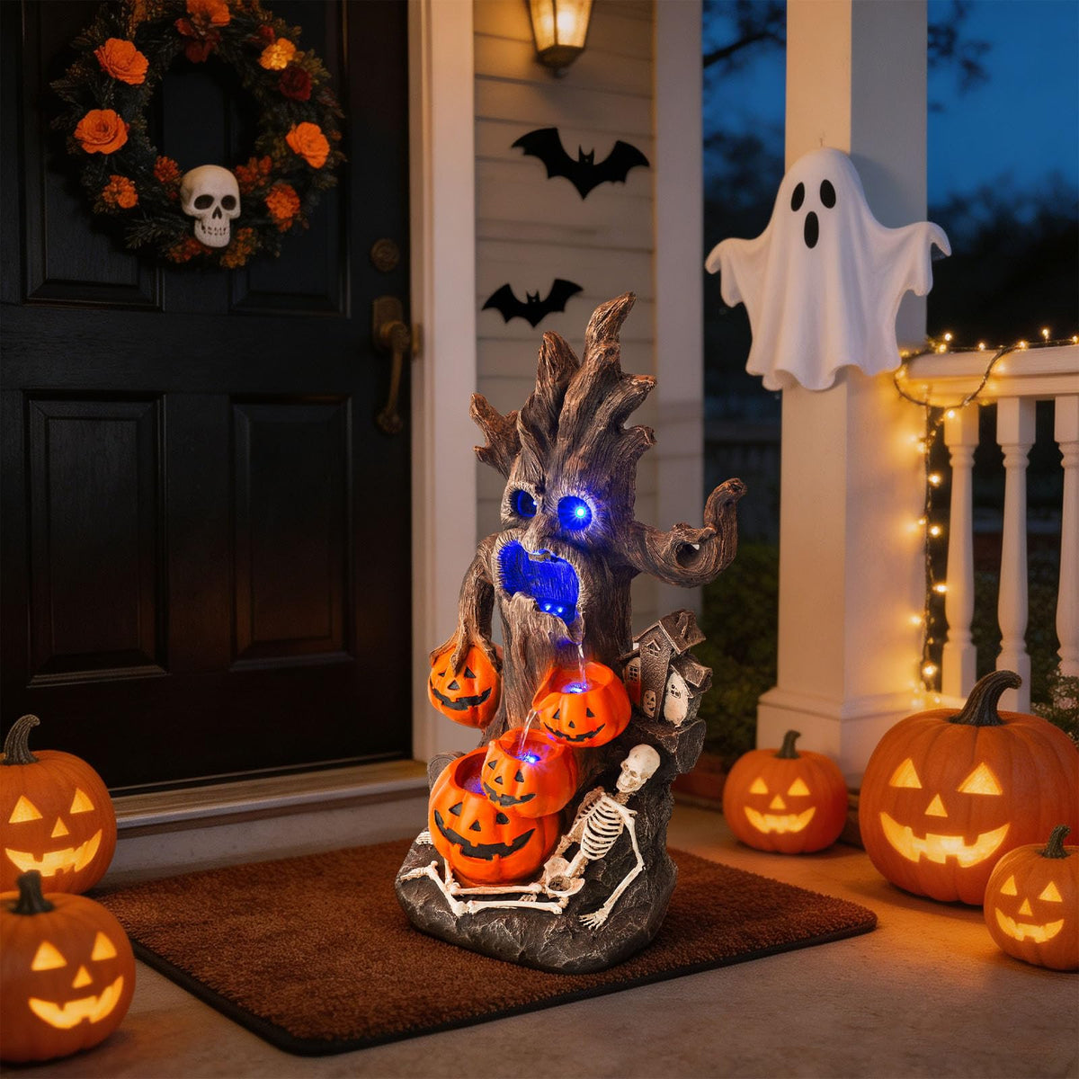 30.9 Inch Halloween Water Fountain with Pumpkins and Skeleton (30.9" Skull & Pumpkin Head)