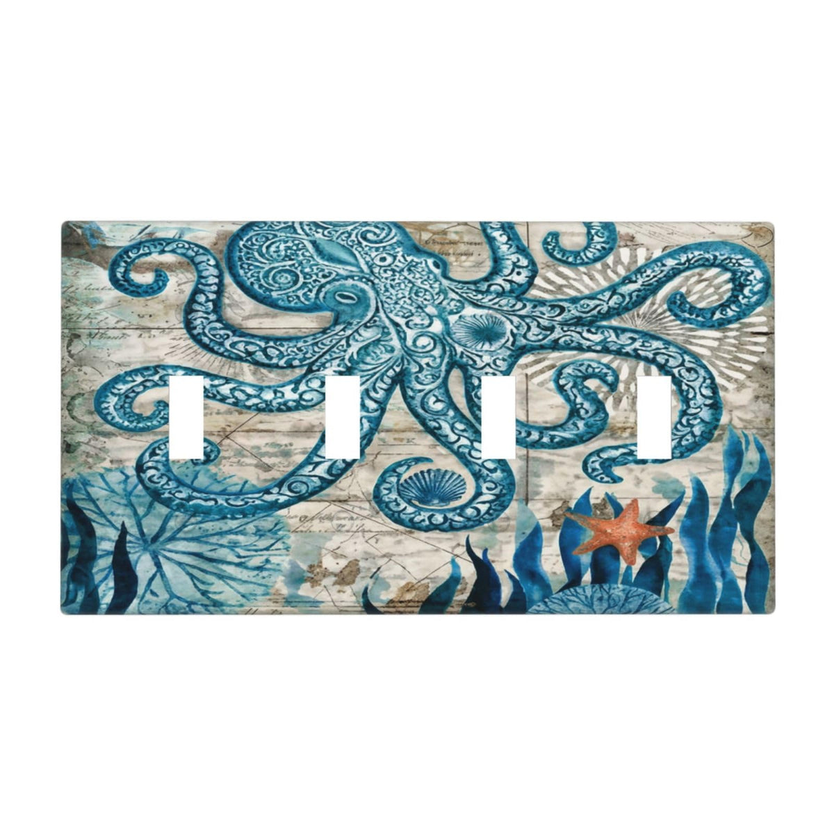 Nautical Ocean Starfish Octopus Decorative 4 Gang Quad Toggle Light Switch Cover Plate Decorative Electric Quadruple Device Faceplate Switchplate Screwless (Nautical Ocean Starfish Octopus / 4 Gang Quad Toggle)