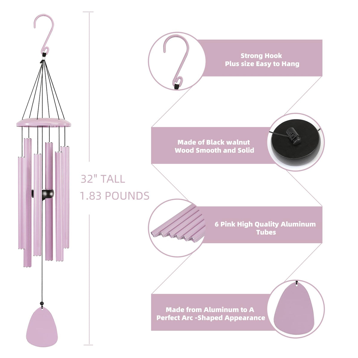 Wind-Chimes-Outdoor-Deep-Tone, Large Soothing Melodic Tones Windchimes, Wind Chimes for Outside, Memorial Wind Chime Best Gift for Mom Women Grandma Neighbors(32" Pink Coated Aluminum) (Pink / 32")