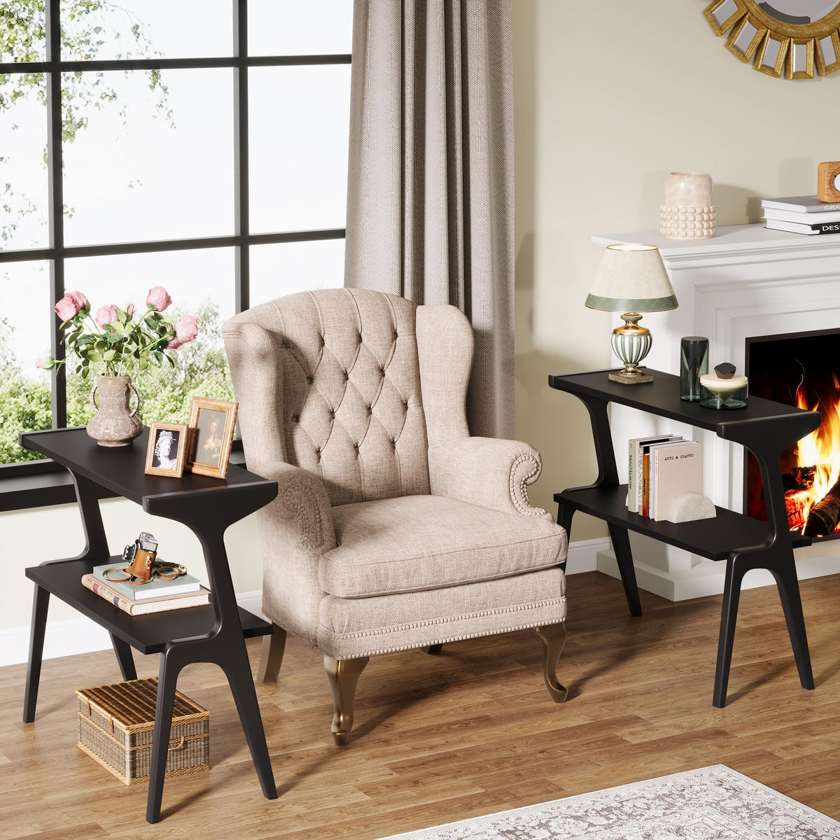 2 Tier Solid Wood Side Table (Black)