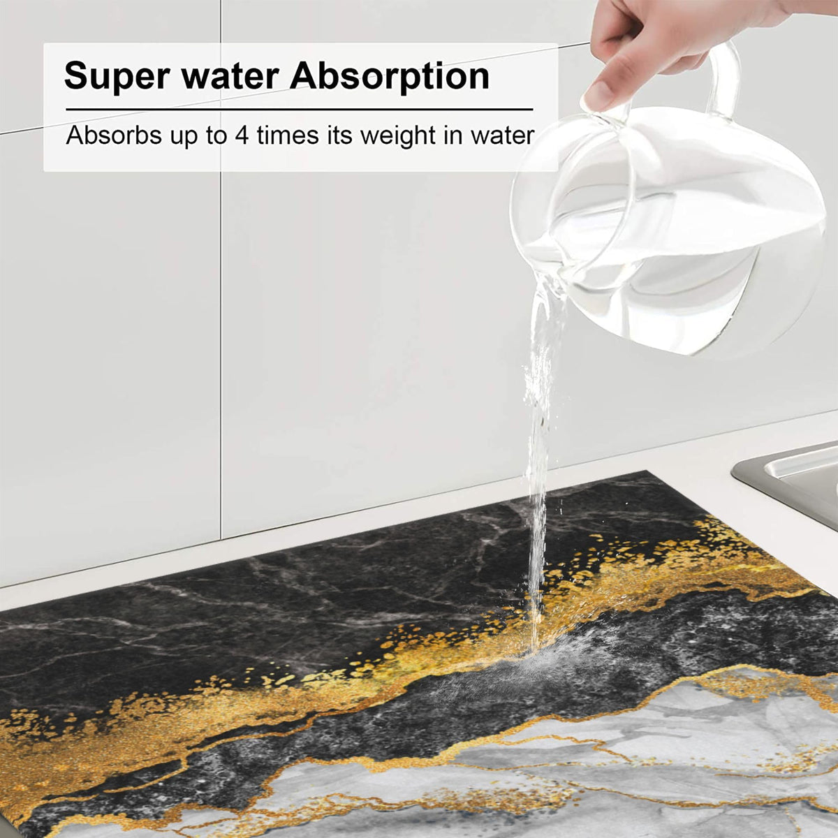 Black Gold Marble Dish Drying Mat for Kitchen Counter Gold and Black Grey Dish Drainer Rack Mats 16x18 Inches Absorbent Reversible Cute Drying Pad (Black/Gold / 16 x 18 inch)