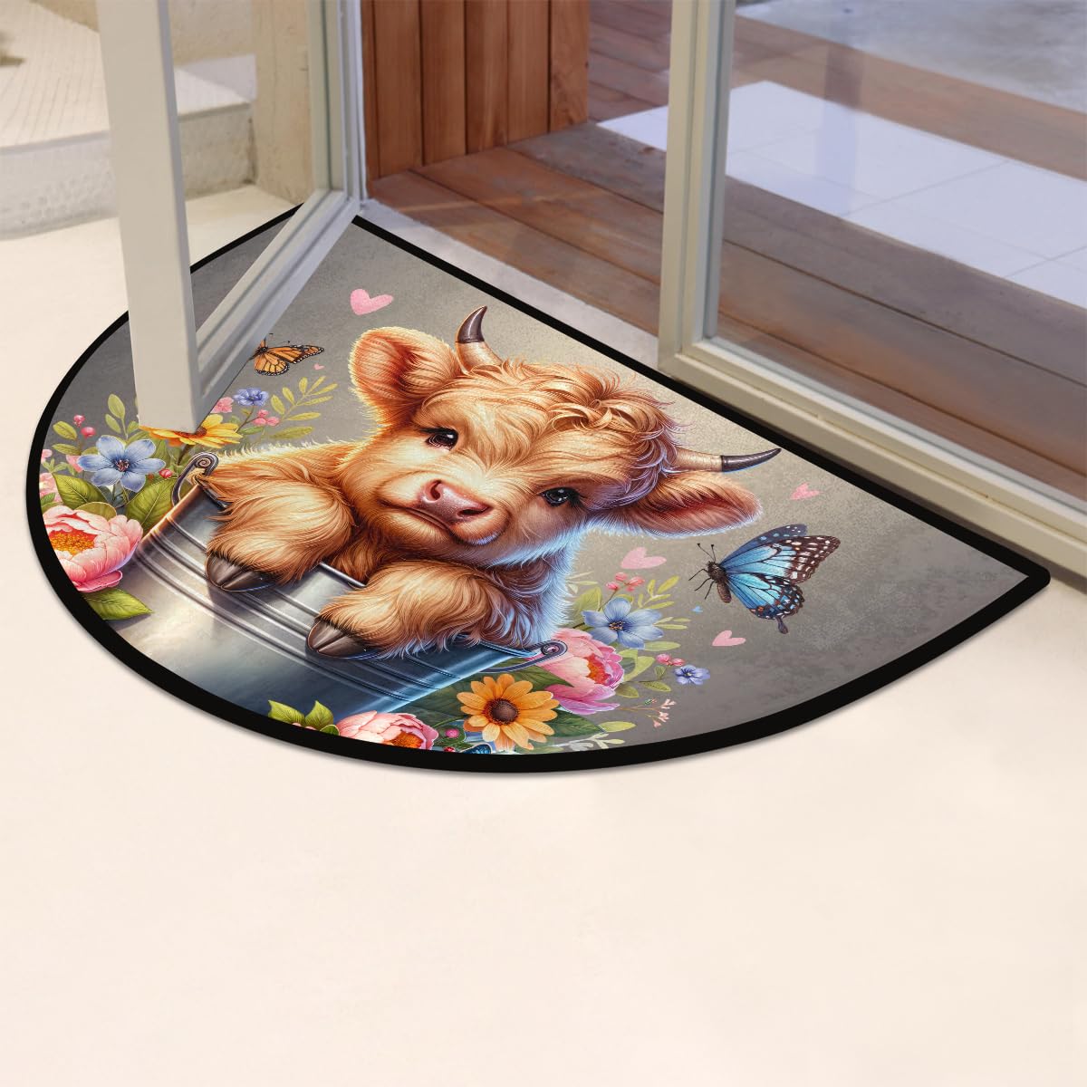 Highland Cow Half Round Door Rug Entrance Washable Half Circle Area Rugs (F Highland Cow Flower)