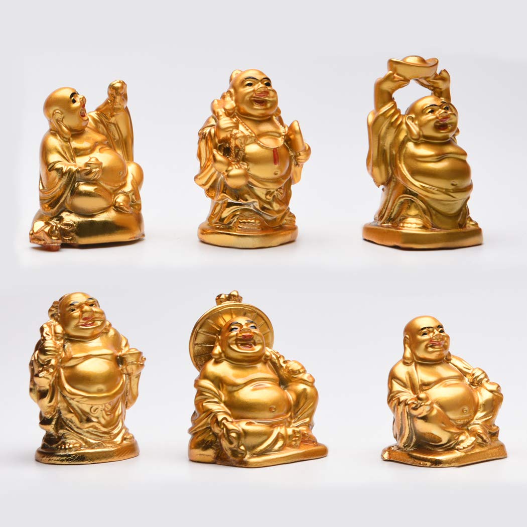 6Pcs 2'' Electroplated Gold Resin Laughing Buddha Figurines (2'' Resin Red Lips Set)
