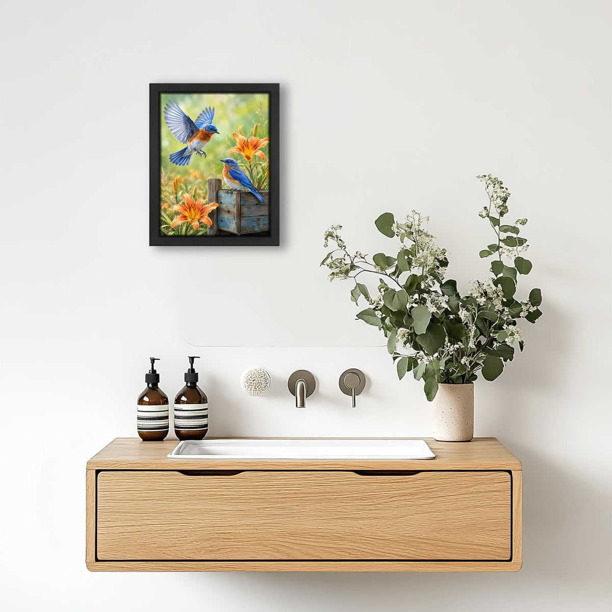 Bluebird Flower Decor Wall Art (Wall Art Framed 16 / 10"L x 8"W)