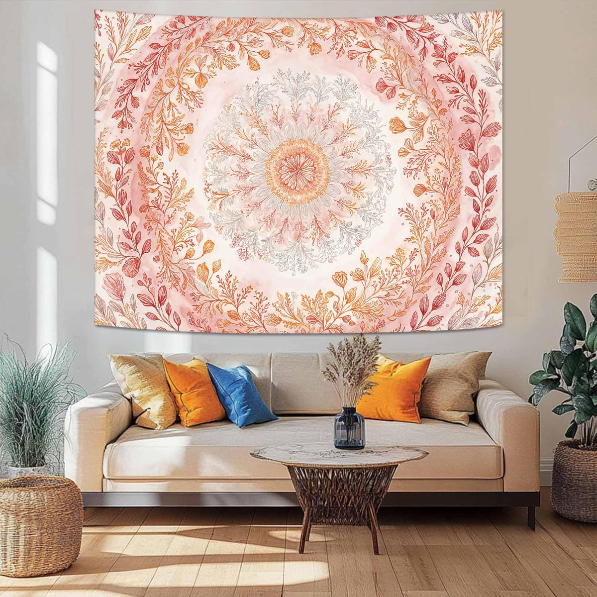 Watercolor Floral Mandala Tapestry (80"L x 60"W / Orange White)