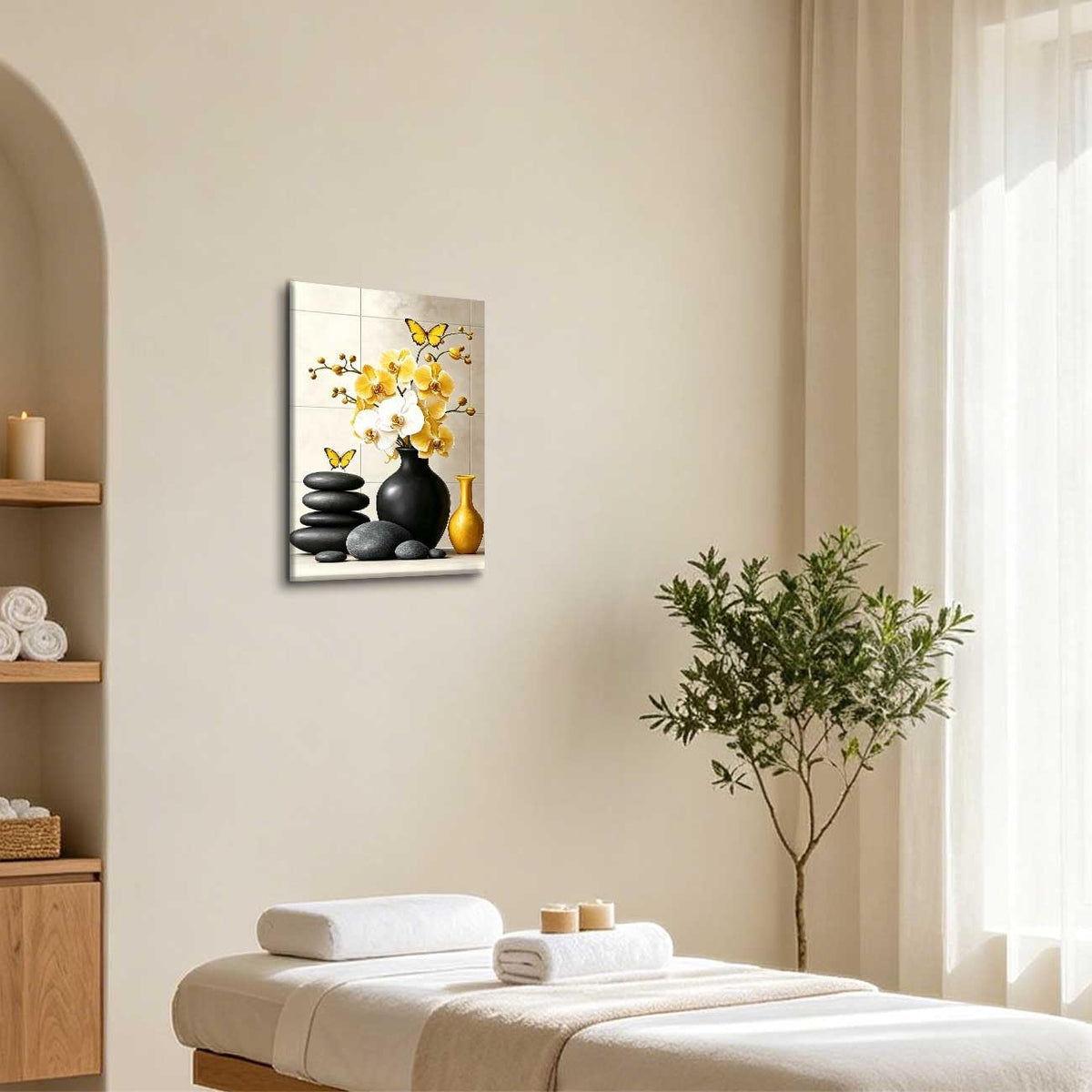 Orchid Flower Canvas Wall Art Zen Bathroom Pictures Prints Spa Stone Butterfly Wall Decor Black White Yoga Meditation Paintings for Living Room Bedroom (Yellow / 36"L x 24"W)
