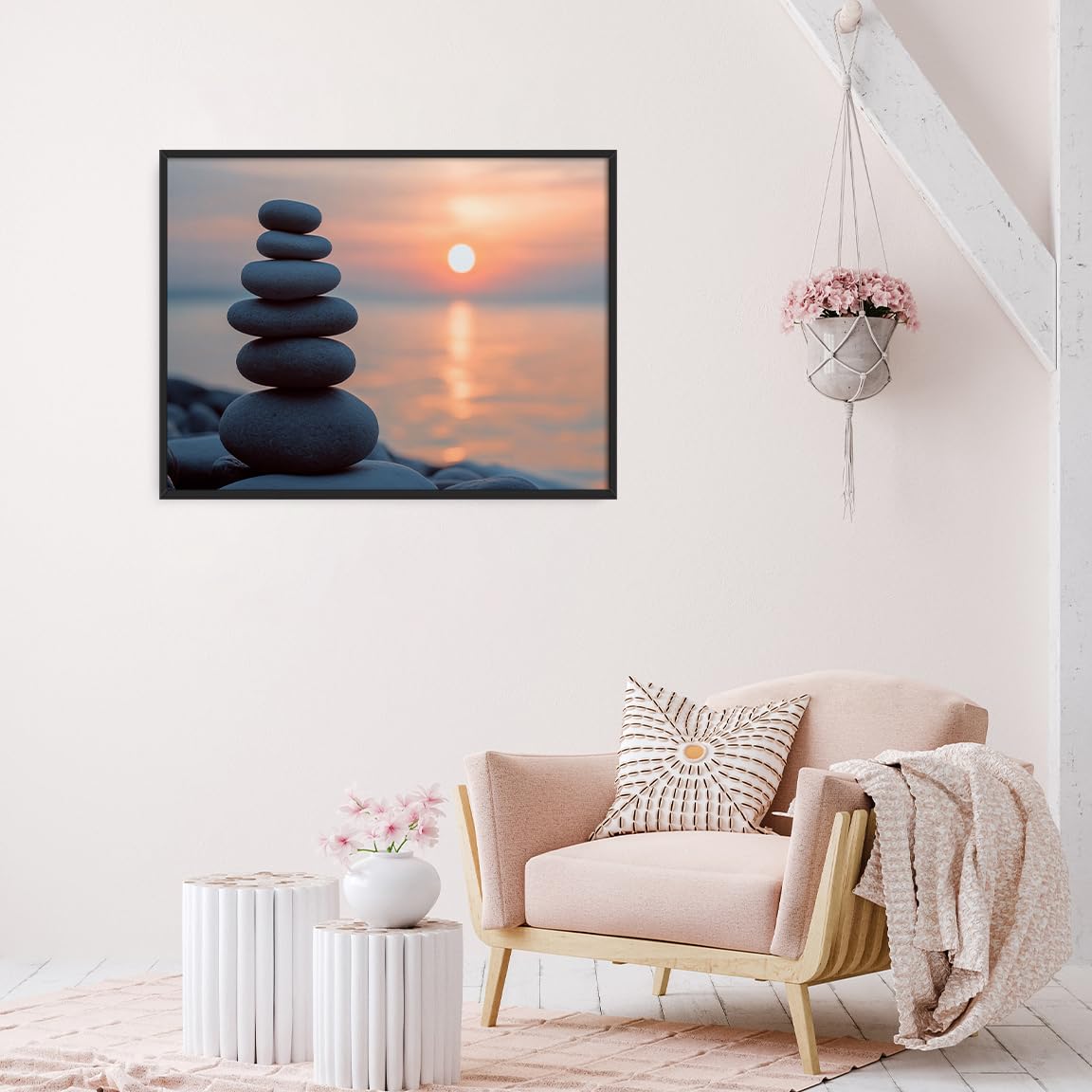 Tranquil Zen Rock Stack Wall Art (Black Aluminum Frame-3 / 20"L x 30"W)