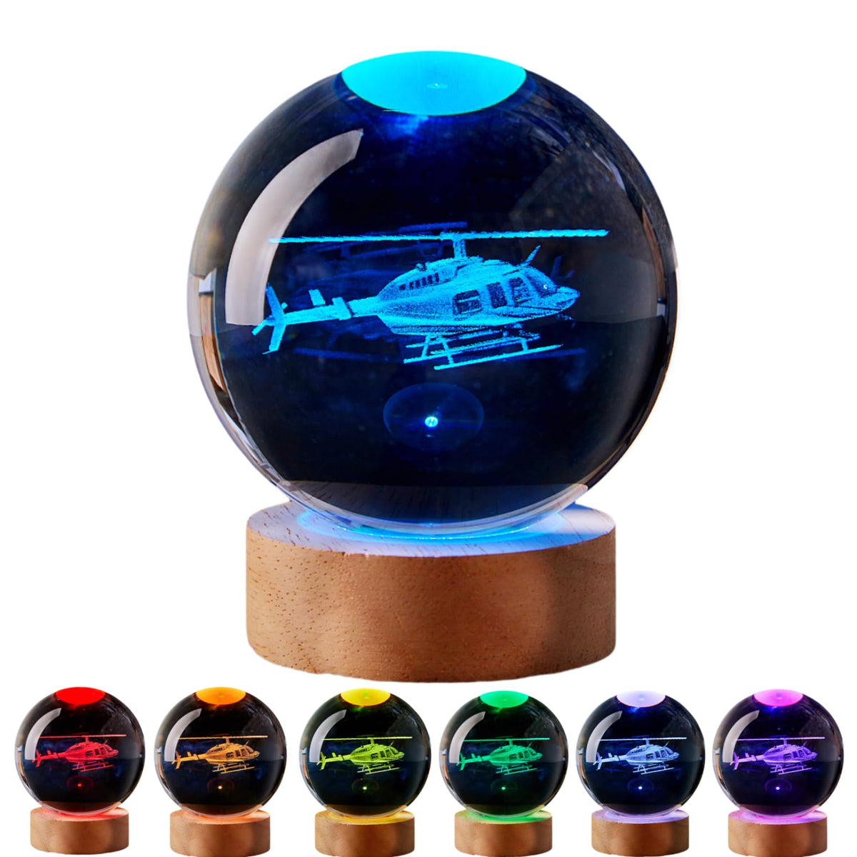 Large Helicopter Crystal Ball Night Light with Woodern Base (helicopter)