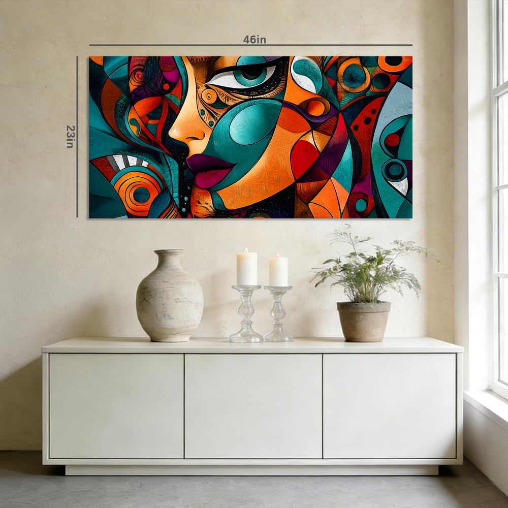 Colorful Abstract Face Canvas Wall Art Modern Cubist Portrait Painting Print Gallery Wrapped Geometric Woman Artwork for Living Room Bathroom Bedroom Decor (Mysterious / Red Face Abstract 12 / 58"L x 28"W)