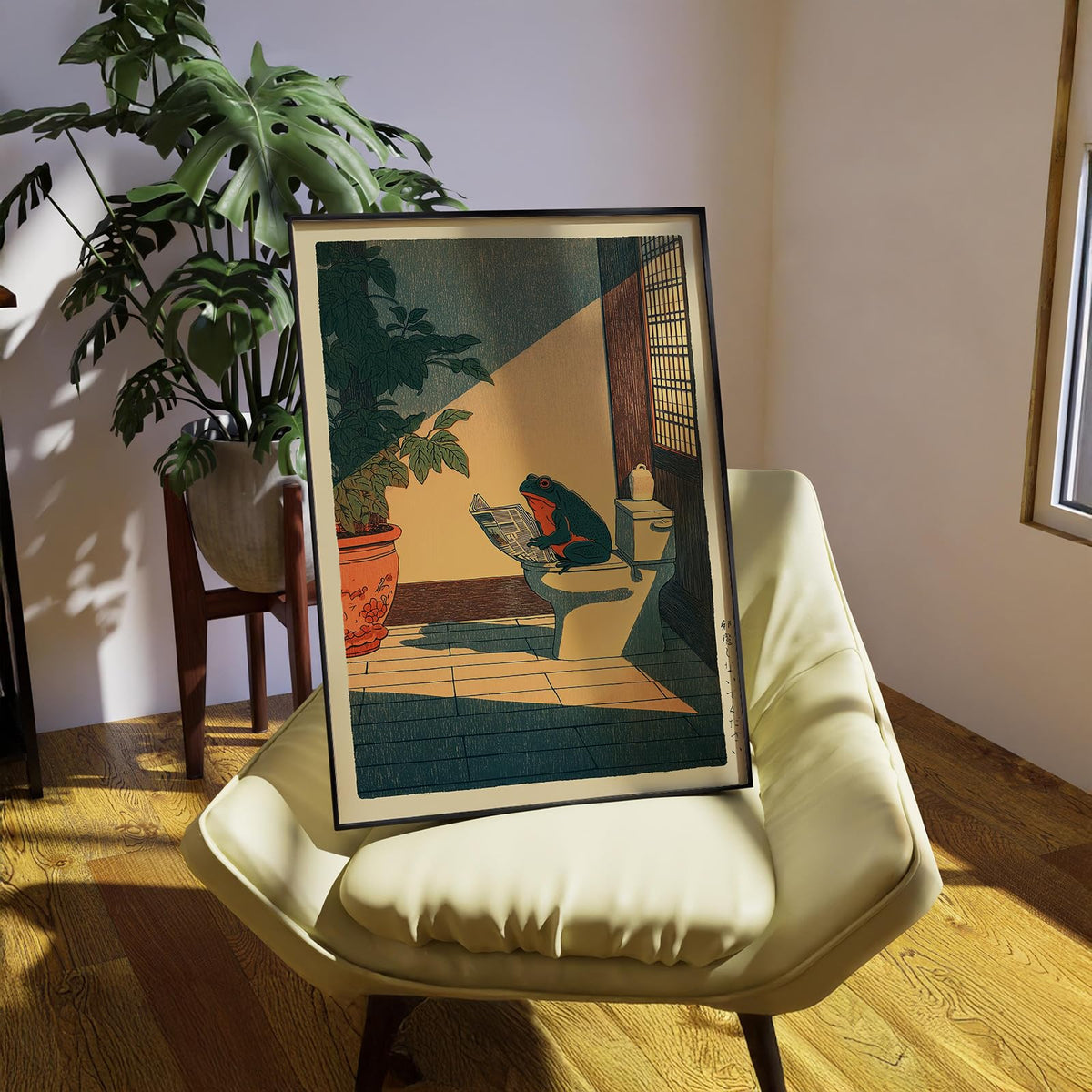 Japanese Frog Black Framed Wall Art Cute Animal Canvas Print Funny Frog On The Toilet Reading Newspaper Posters 24x36 inch Vintage Japan Painting Decor for Oriental Asia Bathroom Restroom Ready to hang (Black Framed / Japanese Frog / 36"L x 24"W)