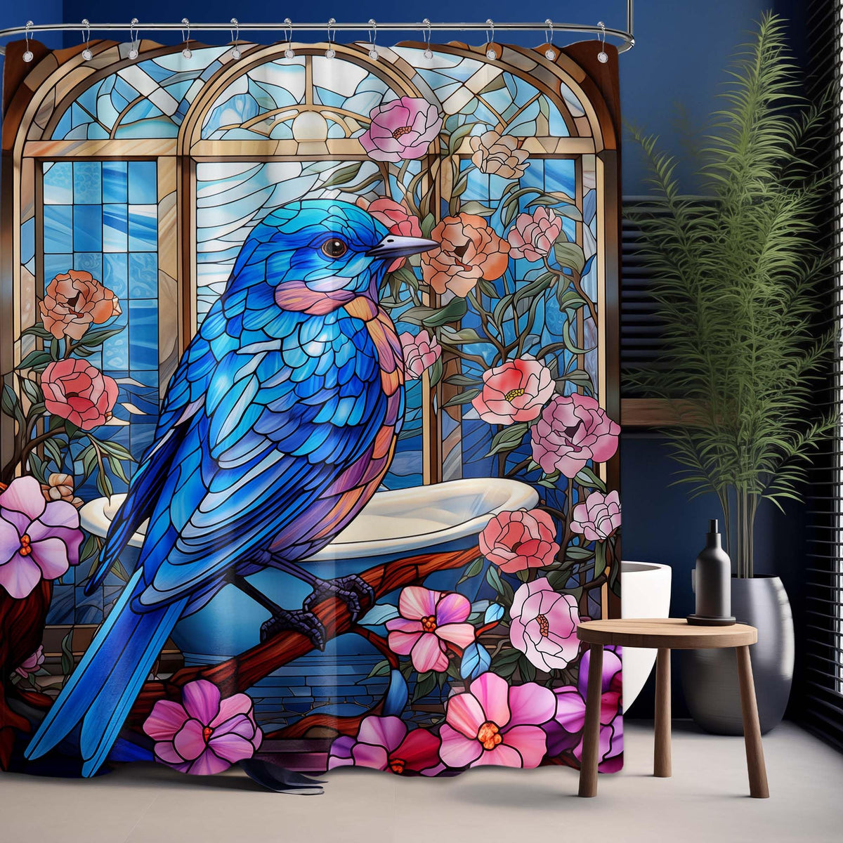 Stained Glass Shower Curtain Bird Floral Art Deco Shower Curtains for Bathroom Decor Sets (Stained Glass Bird / 60"W x 72"L (Pack of 1))