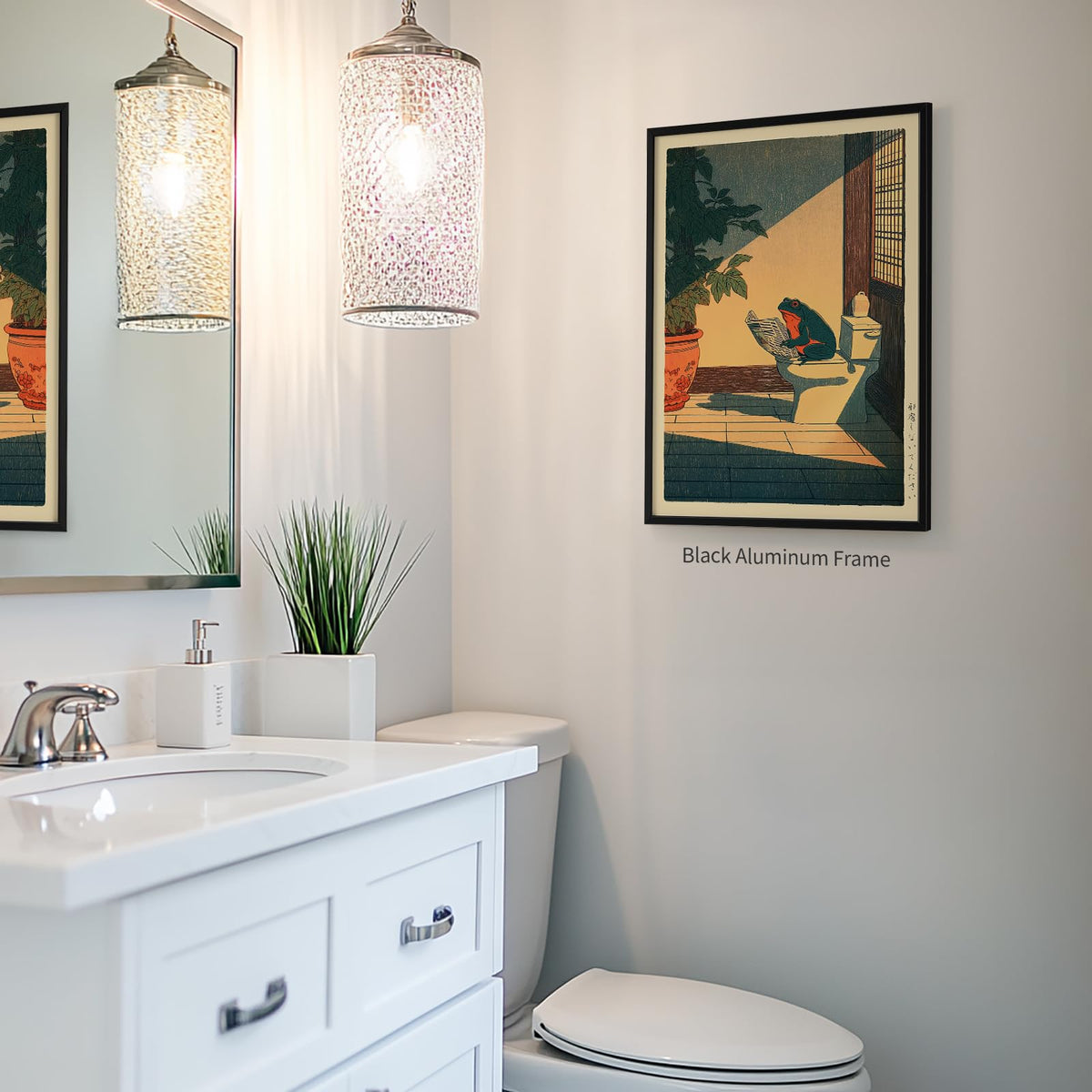 Japanese Frog Black Framed Wall Art Cute Animal Canvas Print Funny Frog On The Toilet Reading Newspaper Posters 12x18 inch Vintage Japan Painting Decor for Oriental Asia Bathroom Restroom Ready to hang (Black Framed / Japanese Frog / 18"L x 12"W)