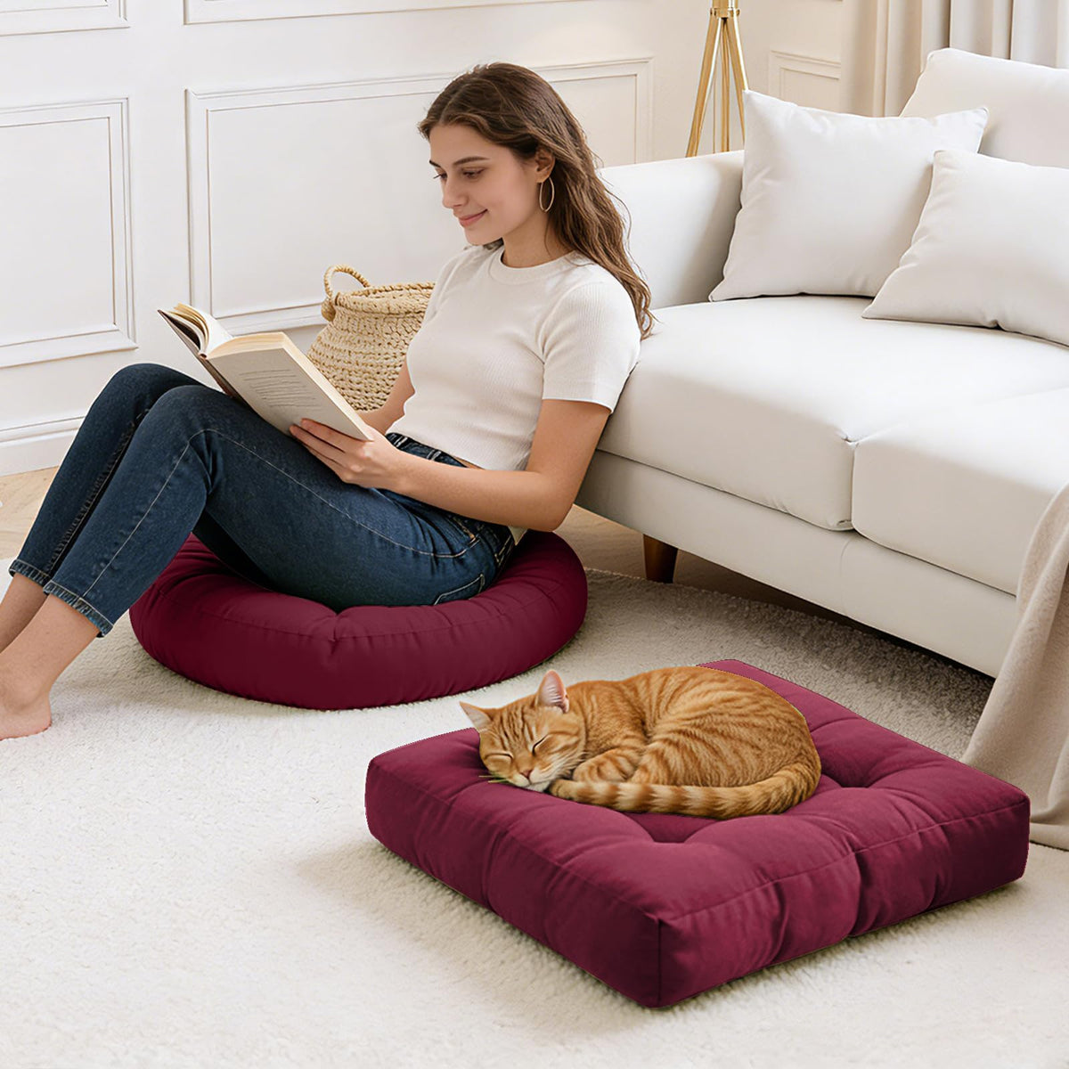 Floor Cushion Pillow Set of 2 Large Round and Square Floor Pillows for Adults Meditation Cushion Pillow Tufted Corduroy Cushions for Living Room Outdoor Yoga Tatami Fireplace (Wine Red)