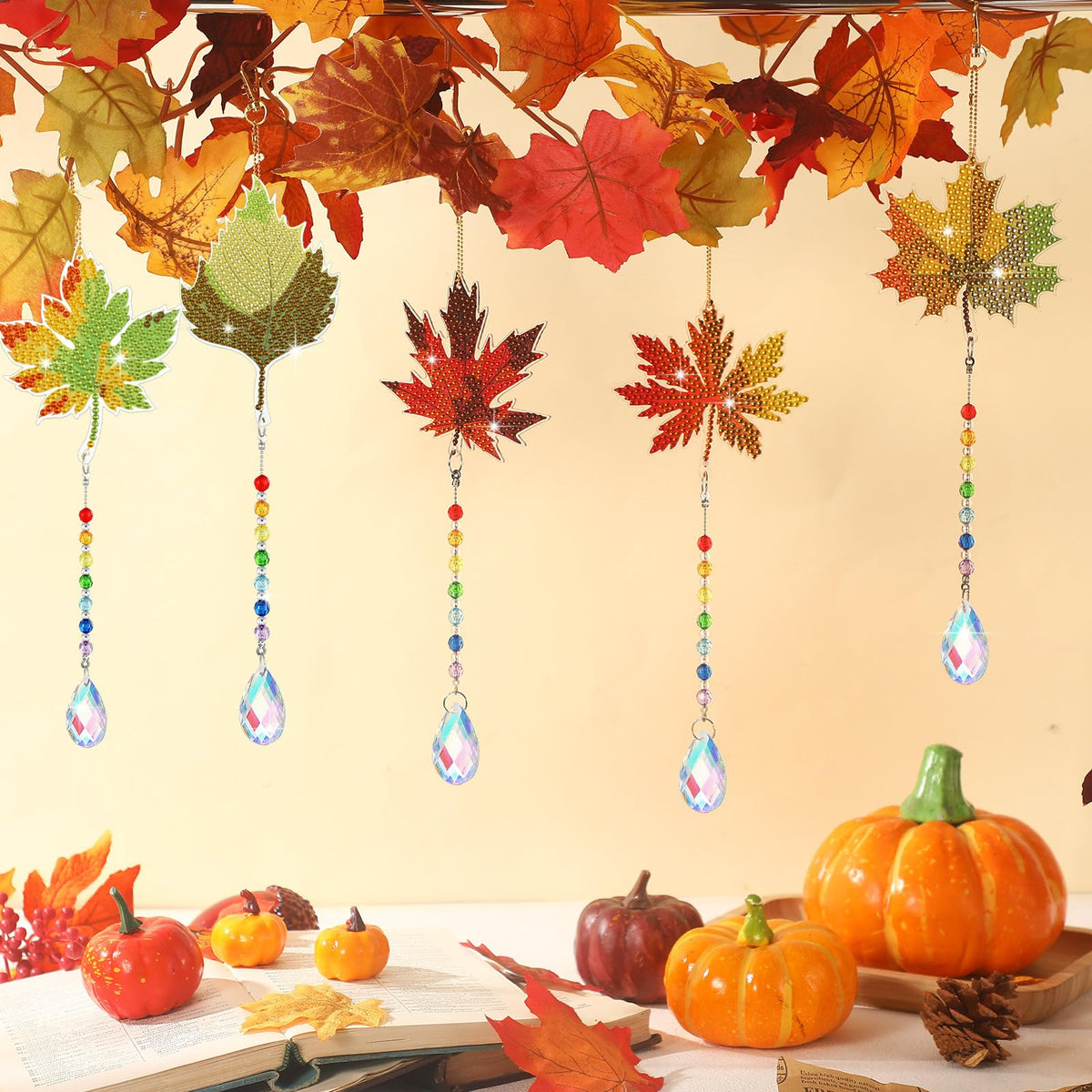 6 Pcs Fall Diamond Art Keychain Kits for Adults Diamond Painting Wind Chime (Maple Leaves)