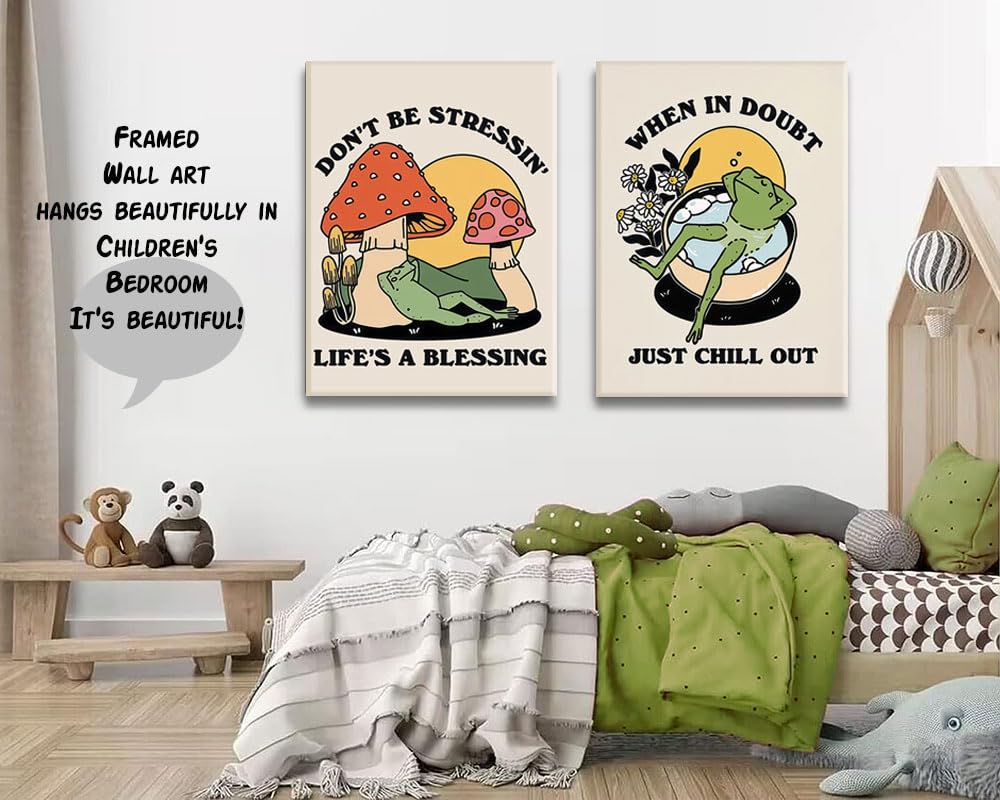 Retro Groovy Frog Mushroom Wall Art 70s Vintage Chill Quote Canvas Prints (frog / 24"L x 16"W)