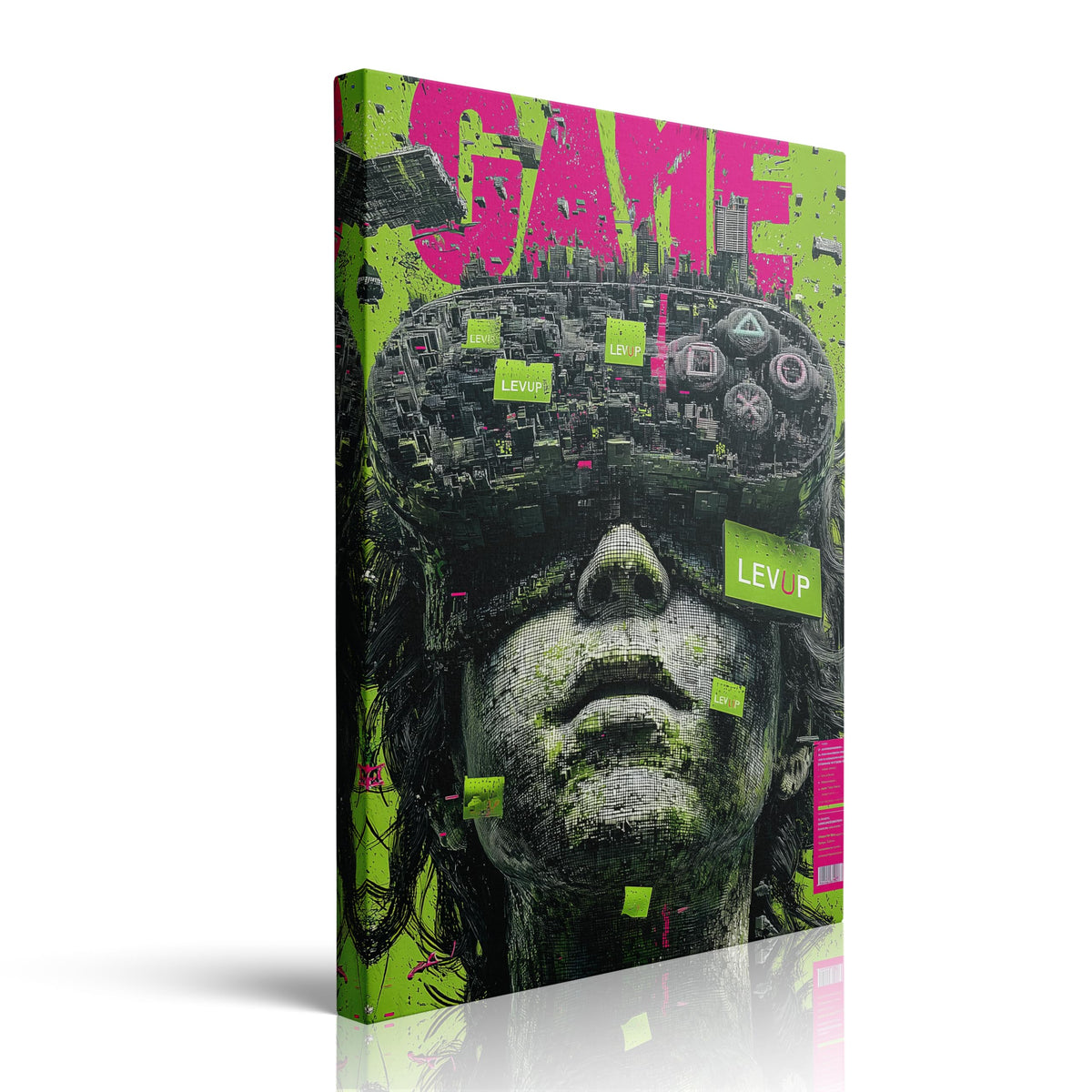 Cyberpunk Gamer Wall Art Canvas Framed Print Pixel Face Cityscape with Neon Pink Green GAME LEVUP Text Futuristic Glitch Art Wall Decor Artwork for Game Room Bedroom Office 12x16 Inches (game / 16"L x 12"W)