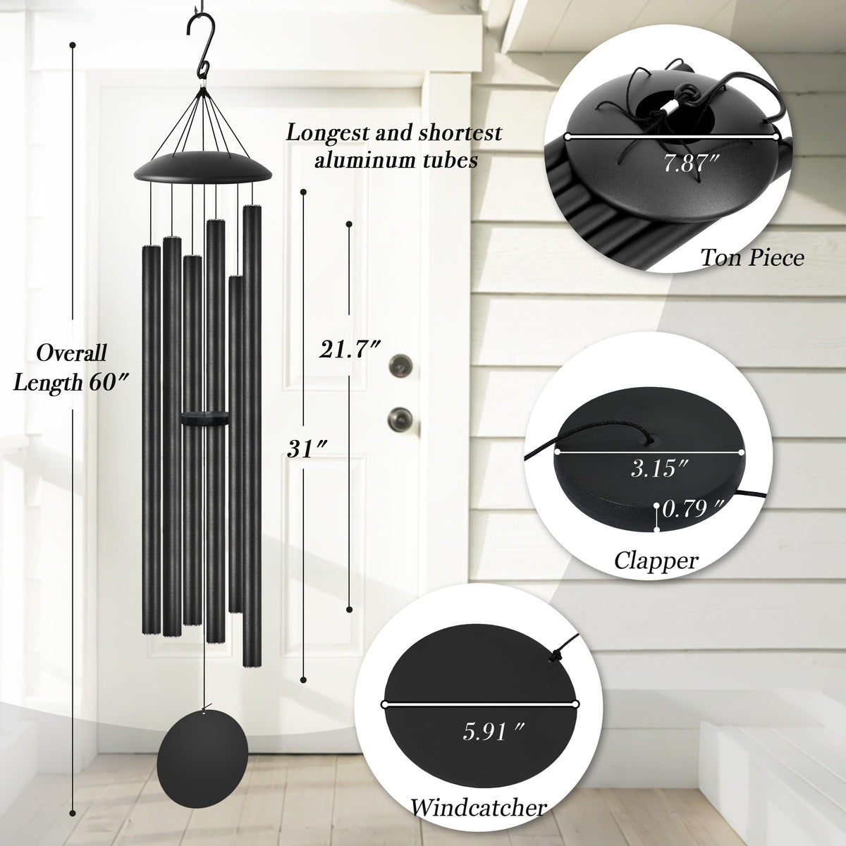 60" Extra Large Wind Chimes for Outside Deep Tone Wind Chimes Garden Decor (Black Thick / 60")